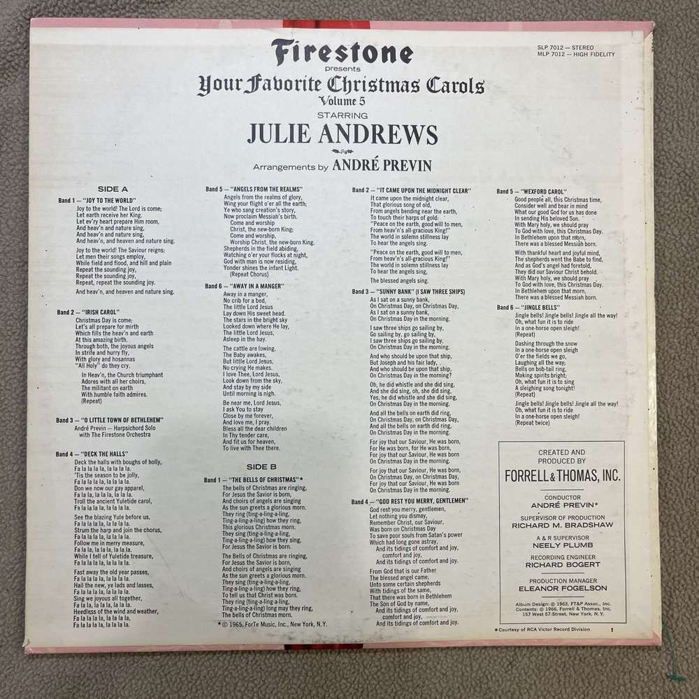 Firestone Your Favorite Christmas Carols Vol 5 Julie Andrews Andre Previn Record - Picture 3 of 3